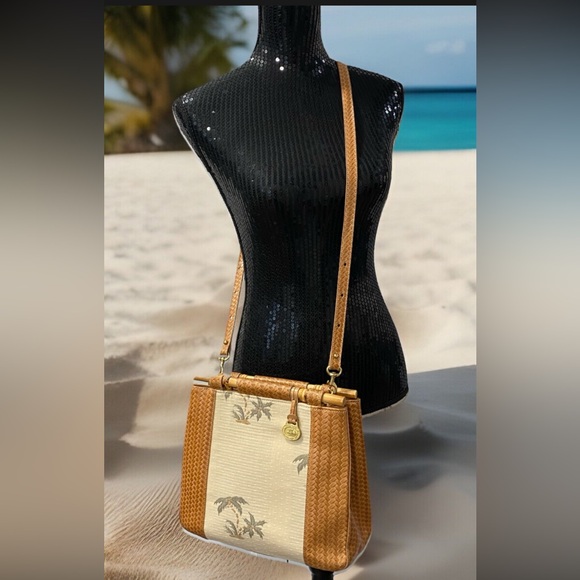 Vintage BRAHMIN PalmTree Bamboo Handles Woven Leather Handbag Crossbody Tropical - Picture 3 of 15